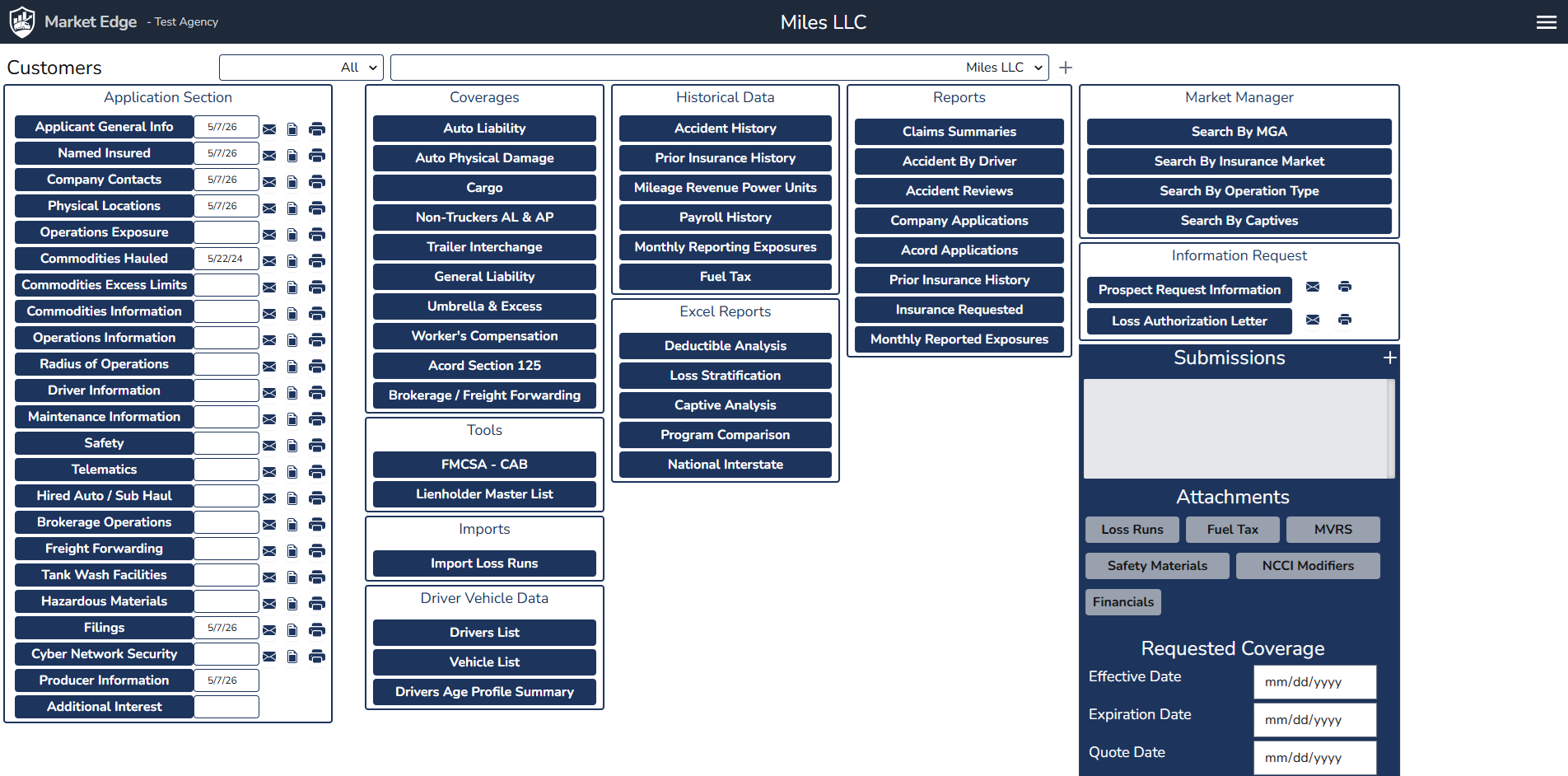 MarketEdge dashboard showing the application sections, coverages, drivers and vehicles, reports, and market manager.